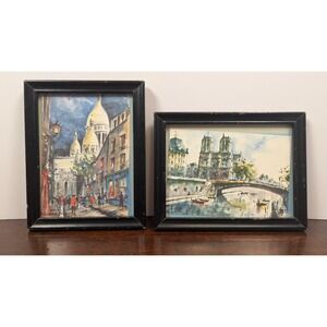 Vintage Paris Postcard Pair Sacré-Cœur Notre Dame Framed Black Wood Frames Set 2